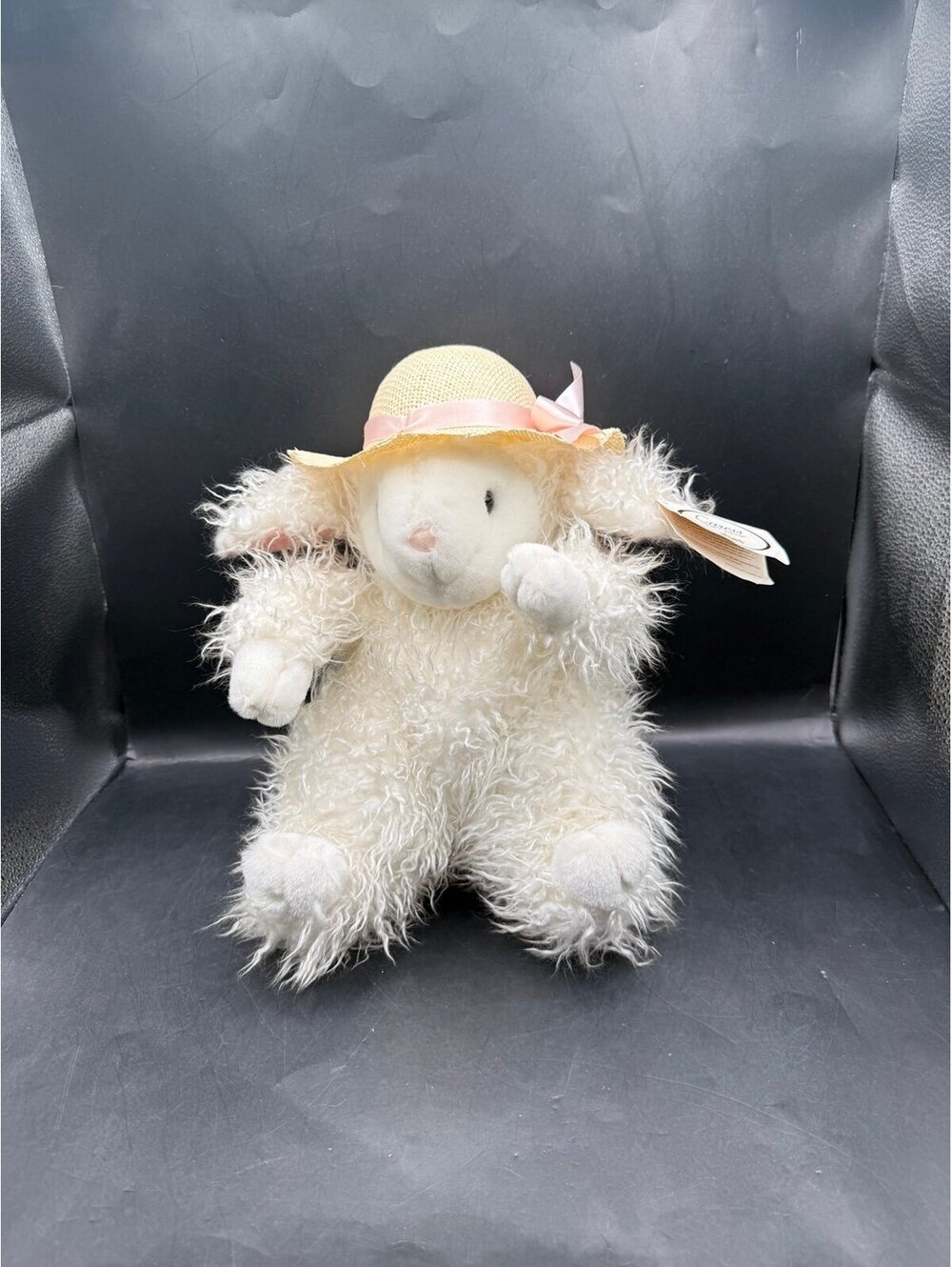 Vintage Russ Curly Sr Plush Stuffed 17” Sitting Lamb Straw Hat Easter Rare